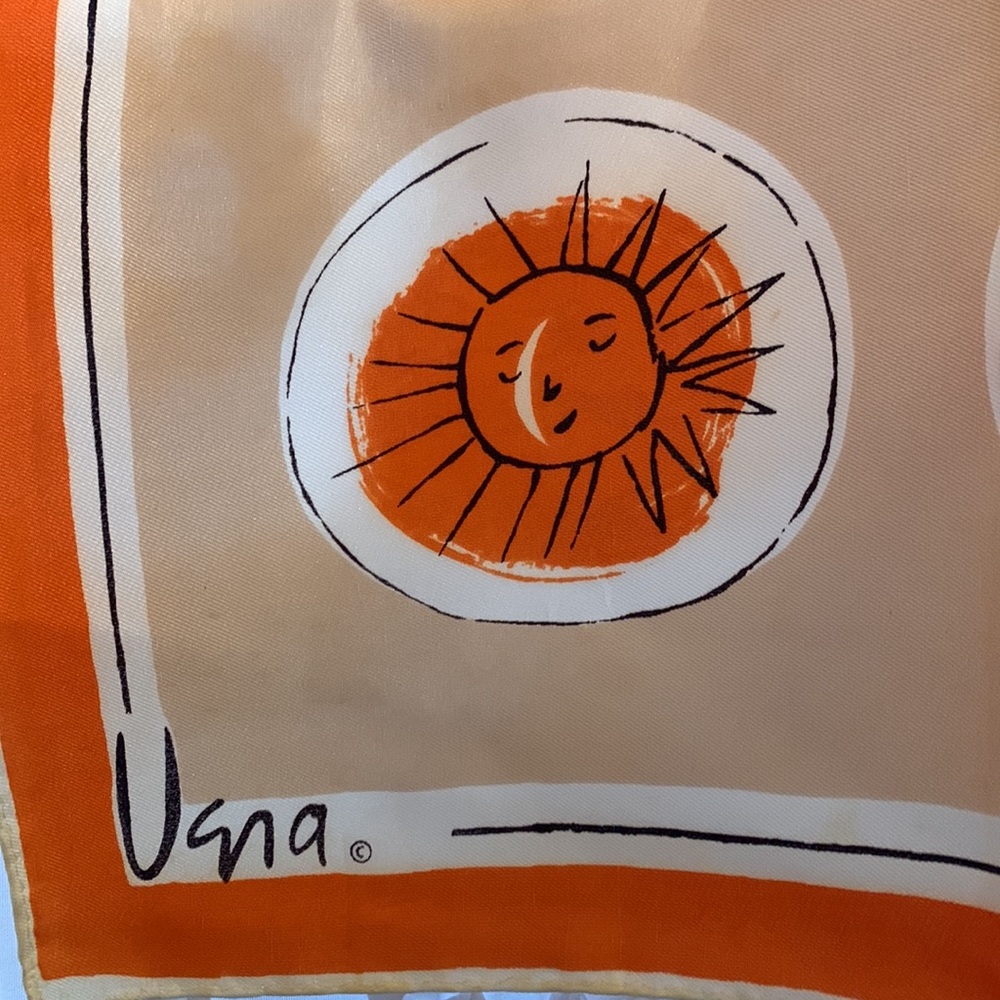 Vera Neumann Vintage Multi Suns Scarf Orange Tan White Black Made in Japan 26x26